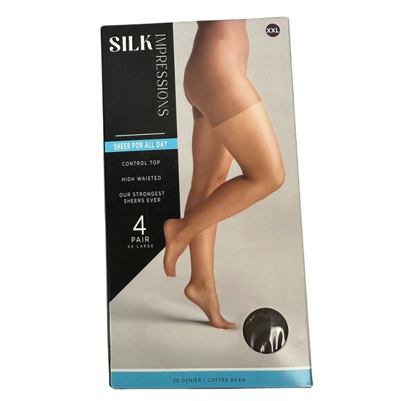 Silk Impressions Sheer Control Top Tights XXL Coffee Bean High Waisted 4-Pack - Picture 1 of 10